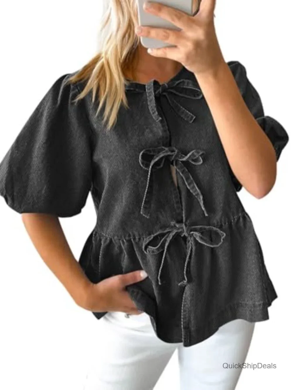 Denim Tie Front Babydoll Blouse with Puff Sleeves Peplum Top